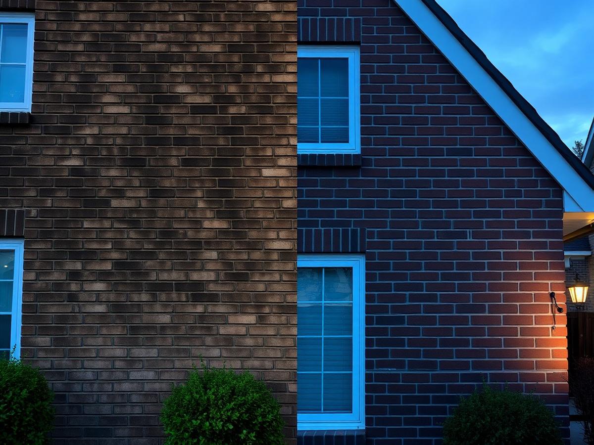 House exterior before and after pressure cleaning